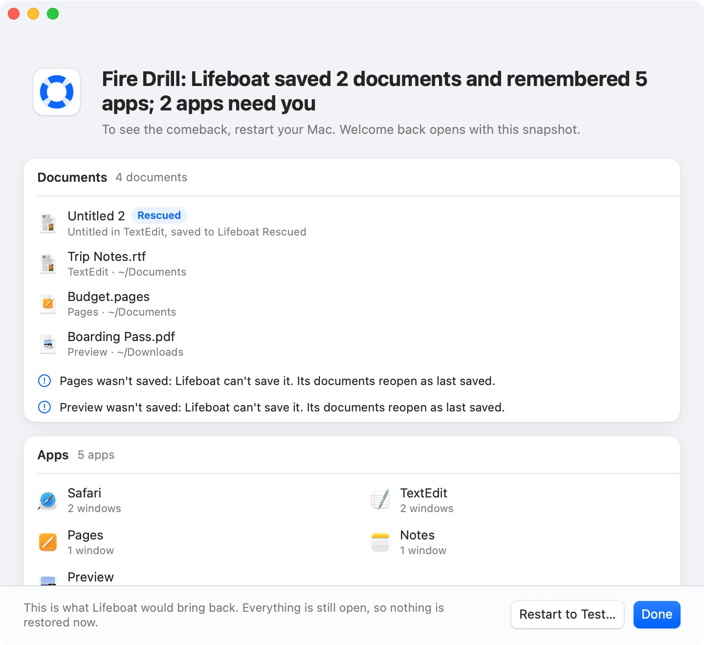 Fire Drill results: Lifeboat saved 2 documents and remembered 5 apps; Pages and Preview need you.
