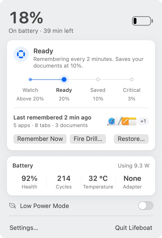 The Lifeboat menu at 18%: Ready, remembering every 2 minutes, saves your documents at 10%.