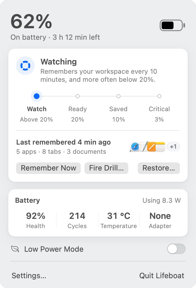 The Lifeboat menu at 62%: Watching, with battery health, cycles, temperature and adapter.