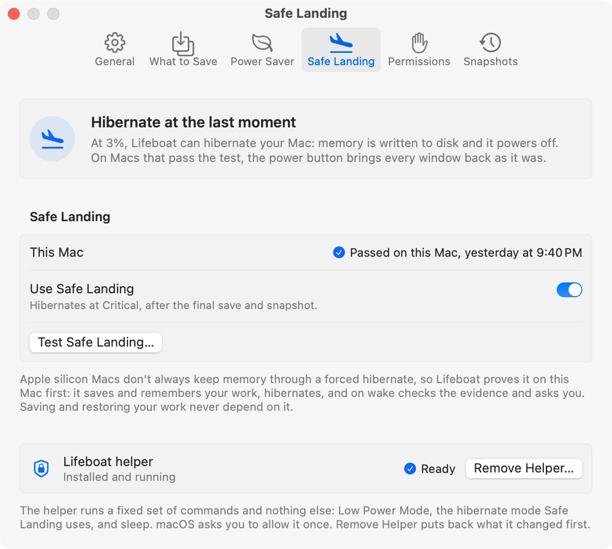 Settings, Safe Landing: passed on this Mac, Use Safe Landing switched on.
