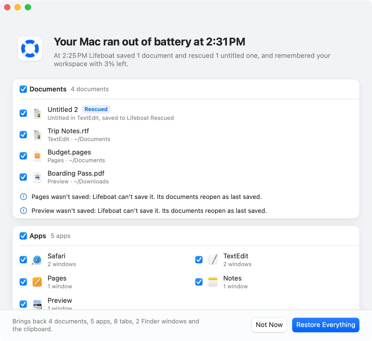 The Welcome back window: Your Mac ran out of battery at 2:31 PM, with documents, apps and tabs ticked and a Restore Everything button.